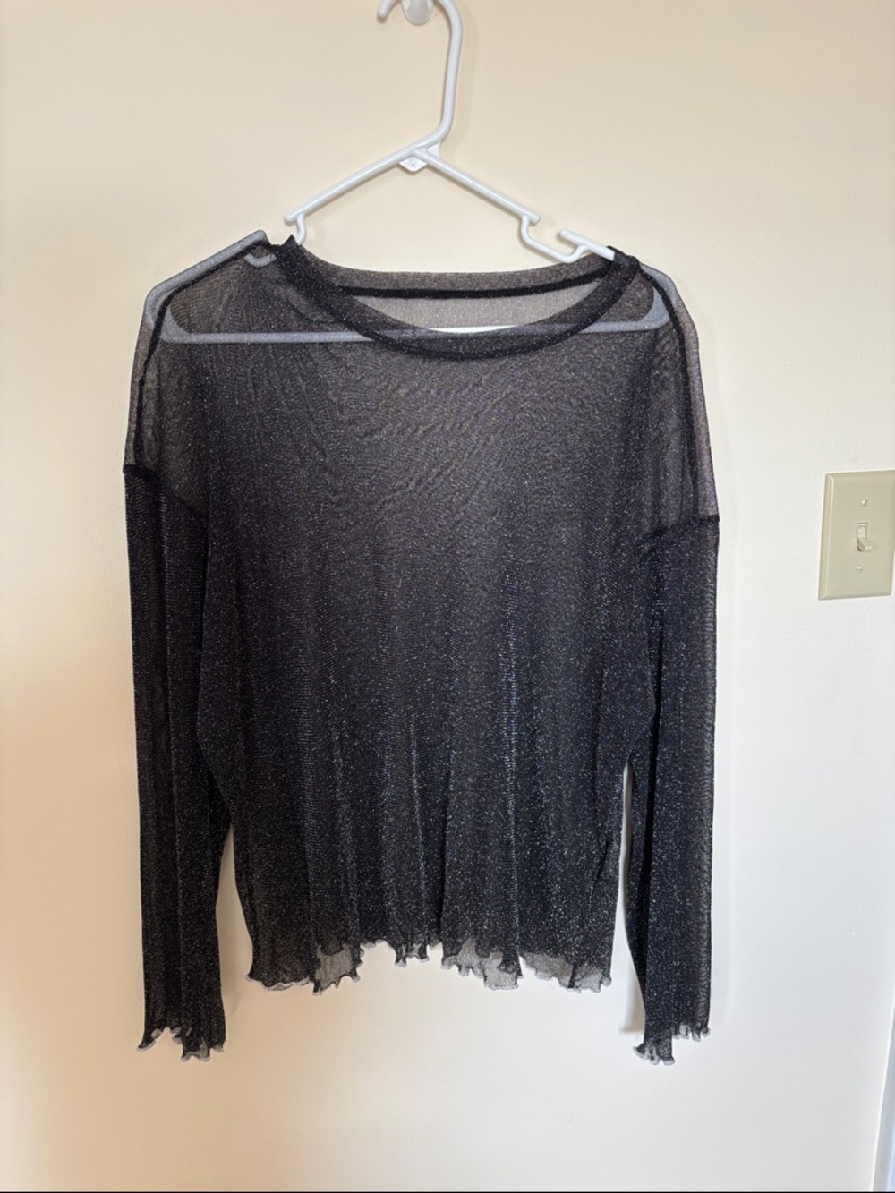 Sheer Black Long-Sleeve Glitter Top Ruffled Hem